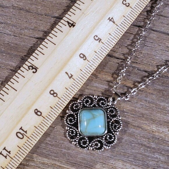 Filigree Rhombus Turquoise Blue Stone Silver Chain Necklace - Picture 3 of 4